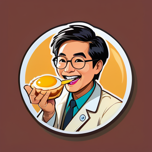 An Asian doctor eats a Portuguese egg tarts sticker