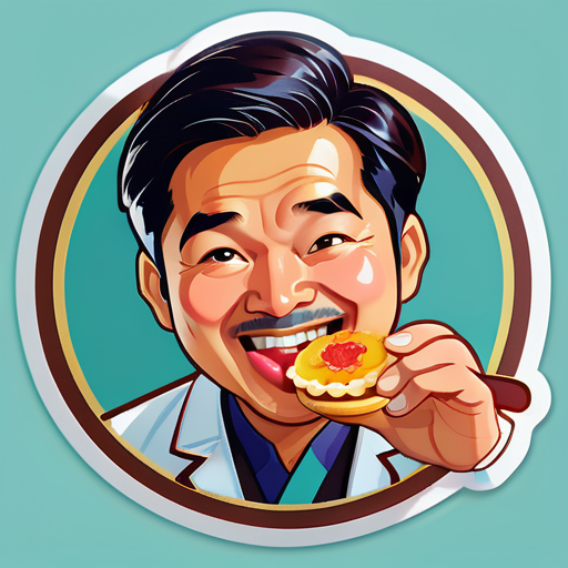 An Asian doctor eats a Portuguese tarts sticker