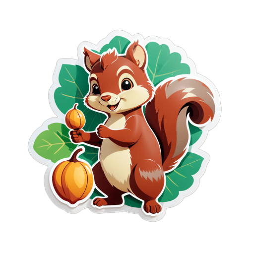 A squirrel with an acorn in its left hand and a leaf in its right hand sticker