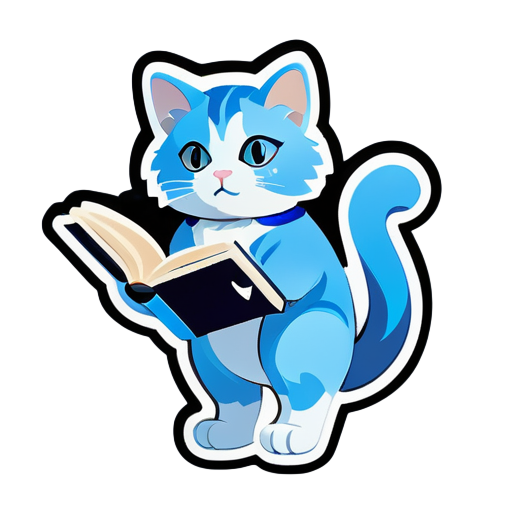 Full body cat-Gemini is depicted in blue tones, with fur resembling clouds. It stands on its hind legs and holds a book in its paws, symbolizing its intelligence. sticker