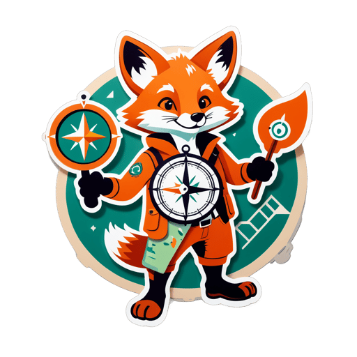 A fox with a map in its left hand and a compass in its right hand sticker