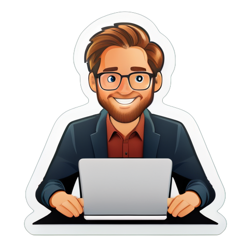 Create a sticker of owen cramer working at a desk answering emails
 sticker