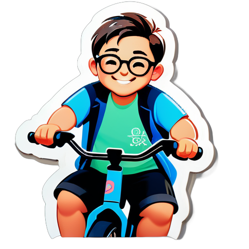 A handsome boy, wearing glasses, slightly fat, riding a bike sticker