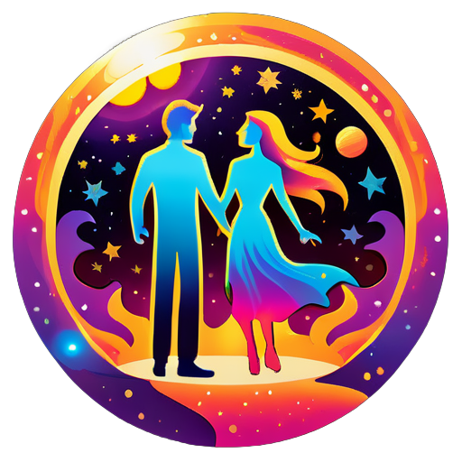 No contexto do universo, há dois sóis e várias estrelas, cada sol com uma pessoa em cima, as duas pessoas se encaram, cada uma cercada por chamas coloridas, um homem e uma mulher. sticker