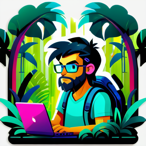 In the heart of a lush jungle, a wild programmer intently codes on a laptop, embodying a unique fusion of nature's untamed beauty and the digital world sticker