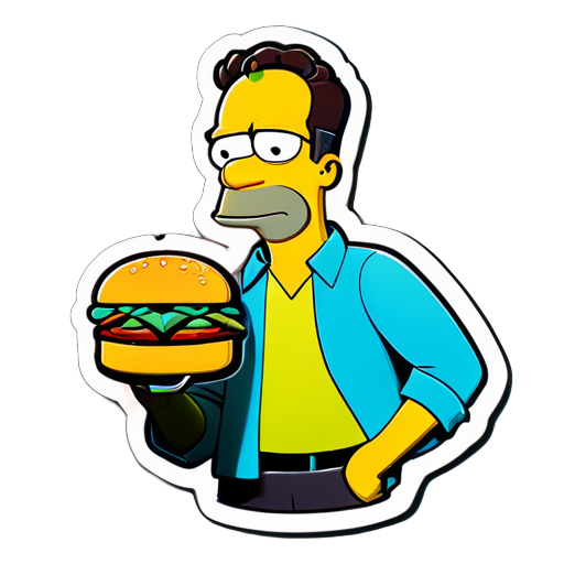 Thin Frank Grimes (The Simpsons) with a sexy and charming look, holding a burger sticker