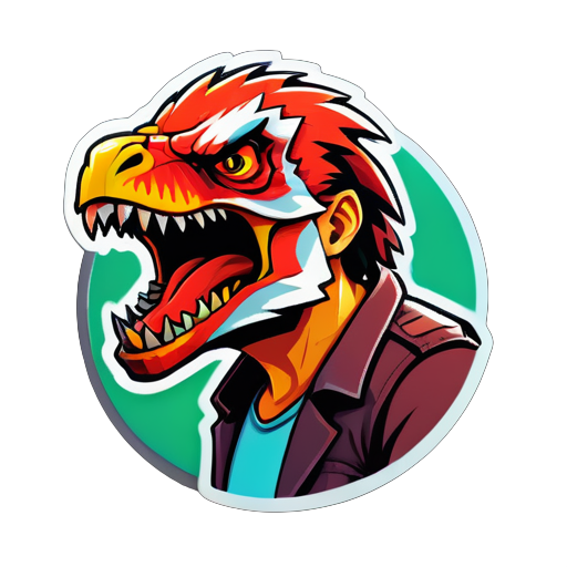 Crea un sticker de Ark con un hombre enojado y agotado con un Raptor sticker