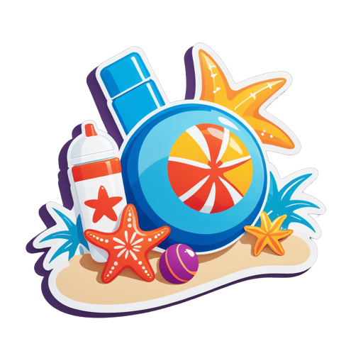 A starfish with a beach ball in its left hand and a sun lotion bottle in its right hand sticker