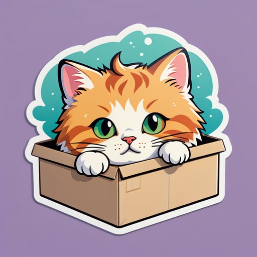 Traurige Katze kuschelt sich in eine Schachtel sticker