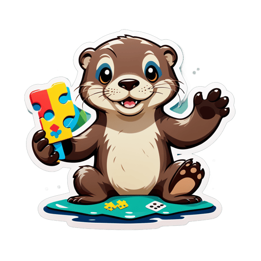 An otter with a puzzle piece in its left hand and a game board in its right hand sticker