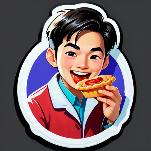 An Asian young doctor eats a Portuguese tarts sticker