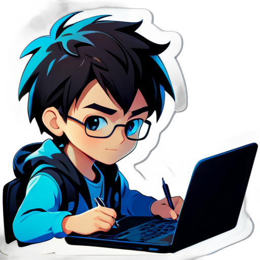 a boy writing a code in front of laptop sticker