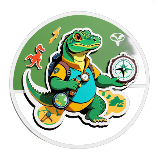 A komodo dragon with a explorer compass in its left hand and a map in its right hand sticker