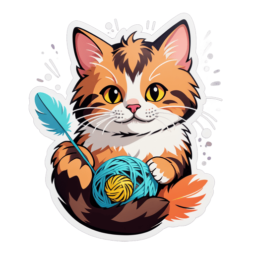 A cat with a feather in its left hand and a ball of yarn in its right hand sticker