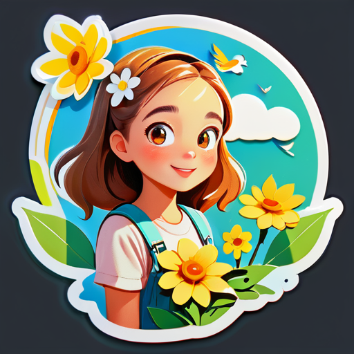 a young girl holds a flower in the summer, the weather is sunny, and some birds flying in the sky, and some birds lay on the tree. sticker