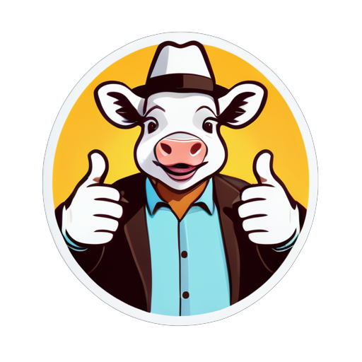 Cattle, in the image of a human, with a thumbs-up gesture sticker