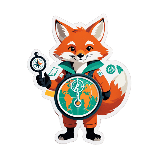 A fox with a map in its left hand and a compass in its right hand sticker