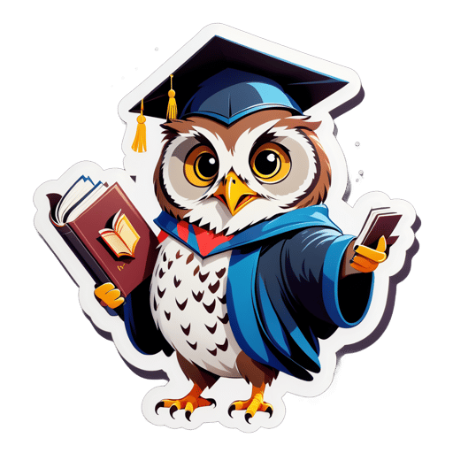 An owl with a book in its left hand and a graduation cap in its right hand sticker