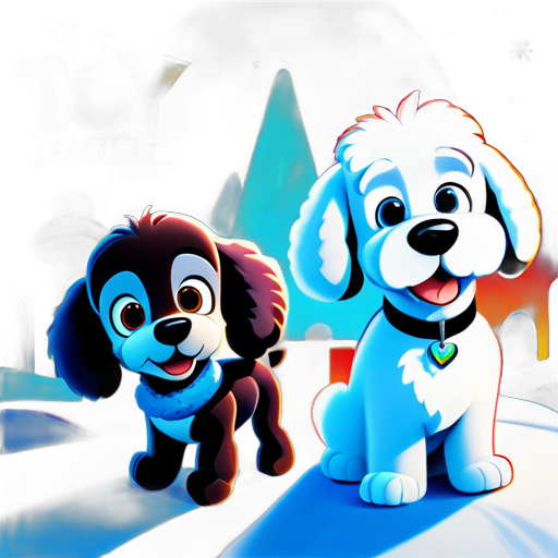 A Disney Pixar inspired movie poster with the title"Snowy", in the image a white chenille that looks like a puppy from the Adventures of Tintin. One small grey poodle and the other is a small black poodle.The background of the image is toy story themed. The scene should be a distinct, digital art style of Disney Pixar, with a focus on the character expressions, vibrant colors, and the Disney chara sticker