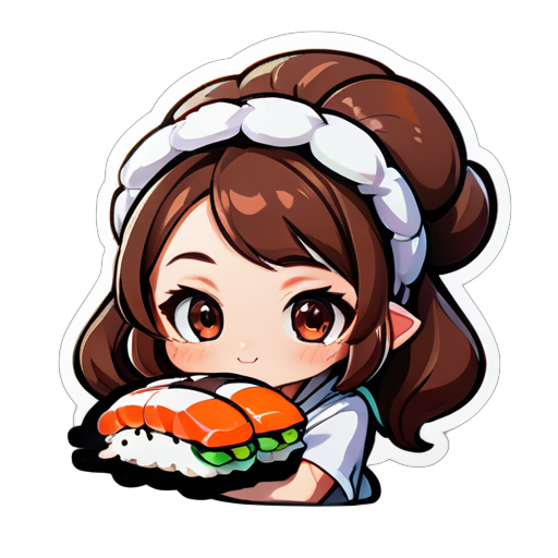 quiero una chica anime con un sushi mascota en la cabeza la chica pelo marron
 sticker