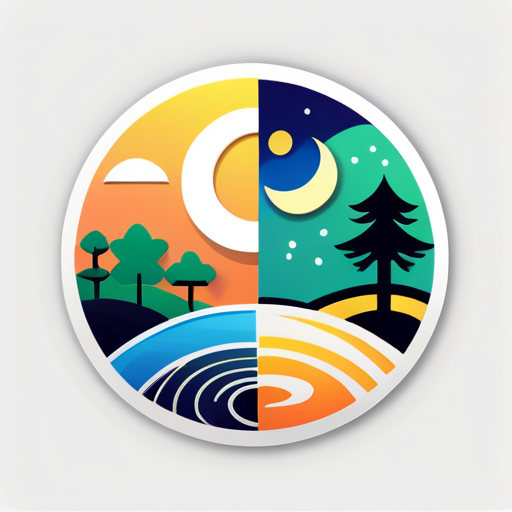 Create a logo image composed of the Yin and Yang Bagua, including elements such as the sun, moon, trees, tall buildings, and lakes, with a very simple and clear style. sticker