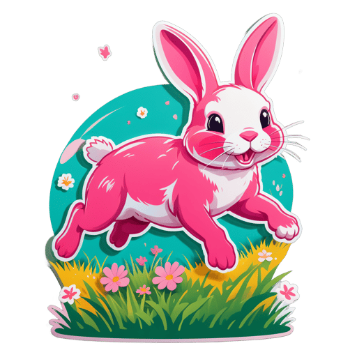 Lapin rose sautillant dans un pré sticker