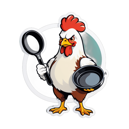 A chicken with an egg in its left hand and a frying pan in its right hand sticker