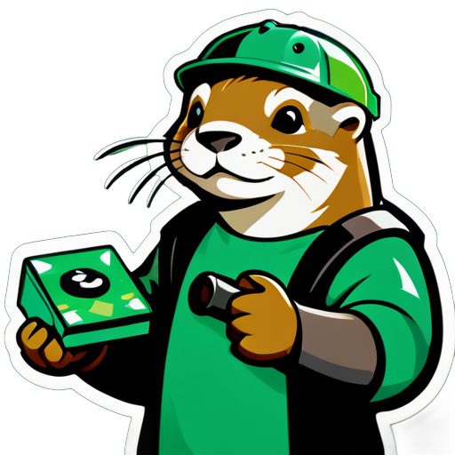 Otter with board game in one hand and tor hammer in the other. All that in the green gear sticker