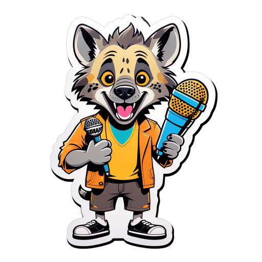 A hyena with a microphone in its left hand and a stand-up comedy script in its right hand sticker