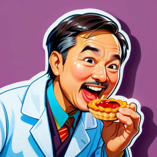 An Asian doctor eats a Portuguese tarts sticker