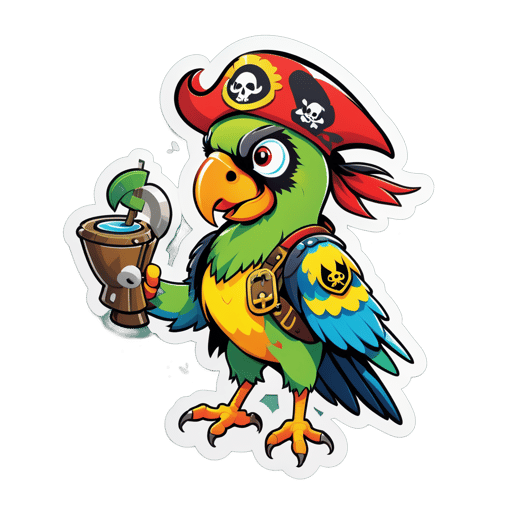 A parrot with a pirate hat in its left hand and a treasure map in its right hand sticker