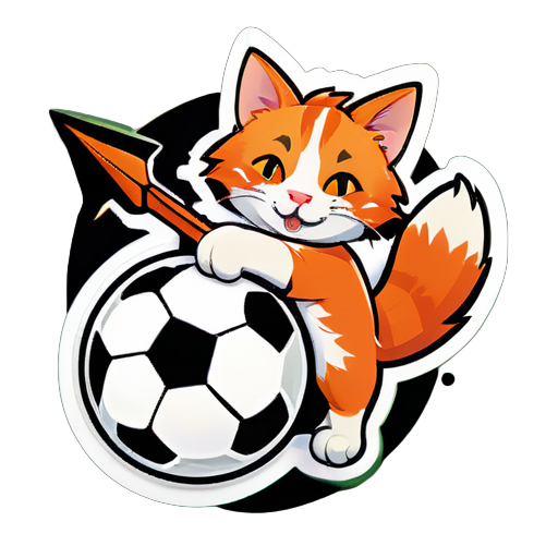 The orange cat is lying on the football, carrying a bow and arrow sticker