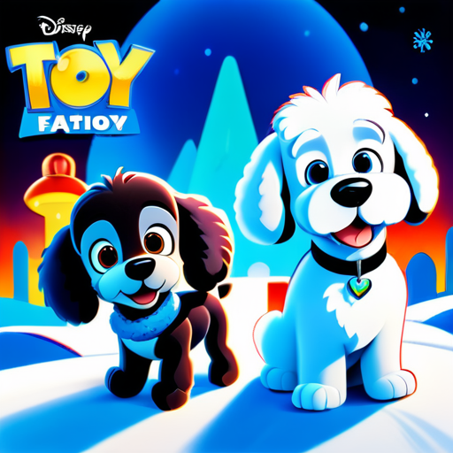 Một tấm áp phích phim lấy cảm hứng từ Disney Pixar với tiêu đề 'Snowy', trong hình ảnh là một con chó chenille trắng giống như một chú chó con từ Cuộc phiêu lưu của Tintin. Một con poodle xám nhỏ và một con poodle đen nhỏ khác. Nền của hình ảnh theo chủ đề của Toy Story. Cảnh sẽ là một phong cách nghệ thuật số rõ ràng của Disney Pixar, tập trung vào biểu cảm của nhân vật, màu sắc sặc sỡ và các nhân vật Disney. sticker