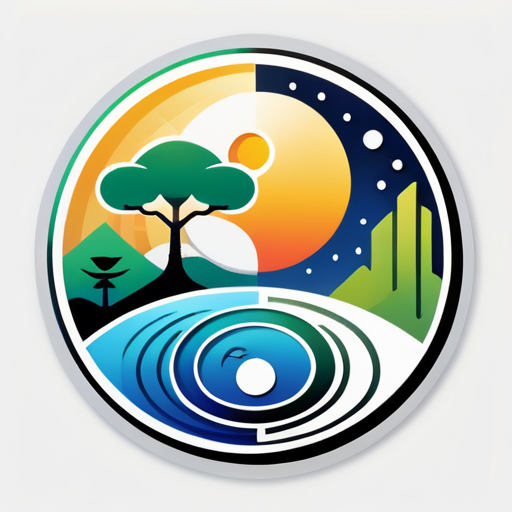 Create a logo image composed of the Yin and Yang Bagua, including elements such as the sun, moon, trees, tall buildings, and lakes, with a very simple and clear style. sticker