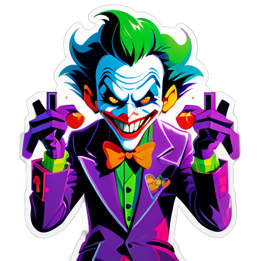 Un personnage farceur et espiègle, tenant des manettes de jeu dans chaque main, dégage une énergie ludique. Des couleurs vibrantes et des lignes dynamiques capturent l'excitation du jeu, tandis que la présence du joker ajoute une touche de fantaisie et d'intrigue. Ce logo incarne la fusion du jeu vidéo avec le charme de l'archétype du joker, invitant les spectateurs dans un monde de plaisir et d'excitation. sticker