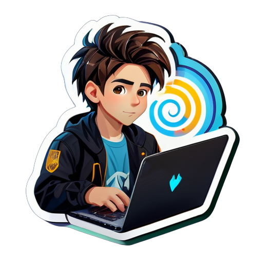 Generator a sticker of the a boy working on their laptop the boy having Messi hair  sticker