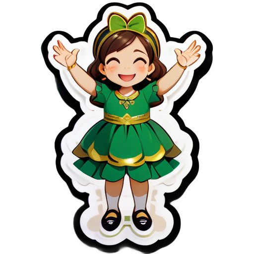 A sticker of a girl in a green dress with brown hair, wearing gold jewelry and black shoes. She has her arms raised and is smiling. sticker