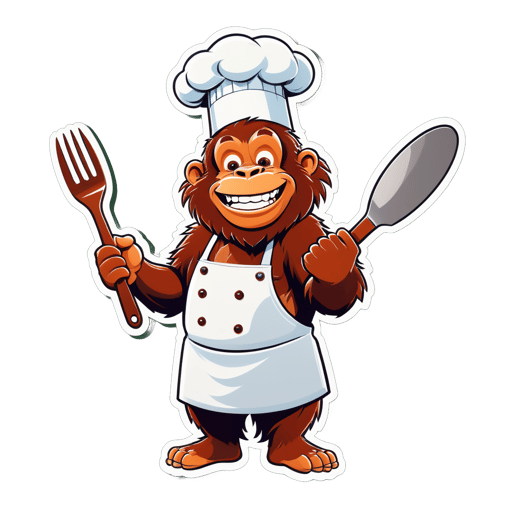 An orangutan with a chef apron in its left hand and a cooking spatula in its right hand sticker