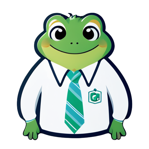 Une grenouille verte souriante portant mignonement un pull bleu avec une chemise blanche et une cravate, avec INCO écrit sur le pull. sticker