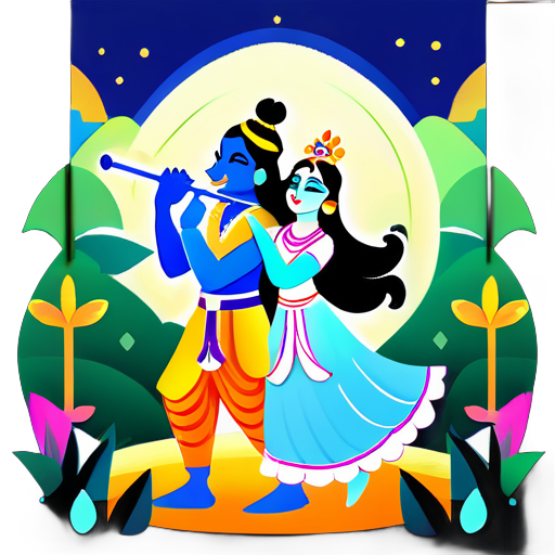 **Prompt: ** Crie uma obra de arte digital retratando o Senhor Krishna e Radha em um cenário de floresta serena com rochas em primeiro plano. A cena deve evocar uma sensação de tranquilidade e beleza natural, com a floresta servindo como pano de fundo. 1. **Personagens:** - O Senhor Krishna e Radha devem ser o foco central da obra de arte. - Krishna deve ser retratado com sua icônica flauta. sticker