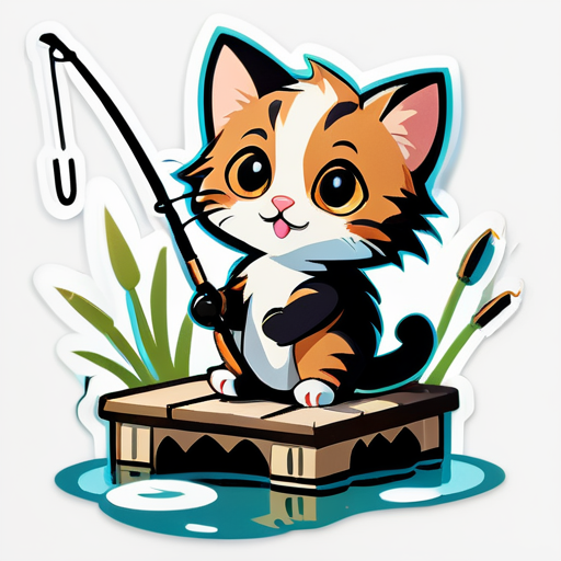 Gatinho Pescador: Um gatinho sentado na beira de um lago com uma vara de pescar, olhando curioso para um peixe pulando. sticker