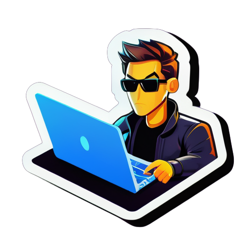 Man codete auf seinem Laptop und zeigte mit einer Waffe auf den Laptop sticker