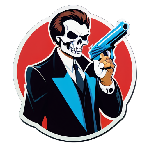 a man holding a deagle pistol wtih a skull on his chamber sticker