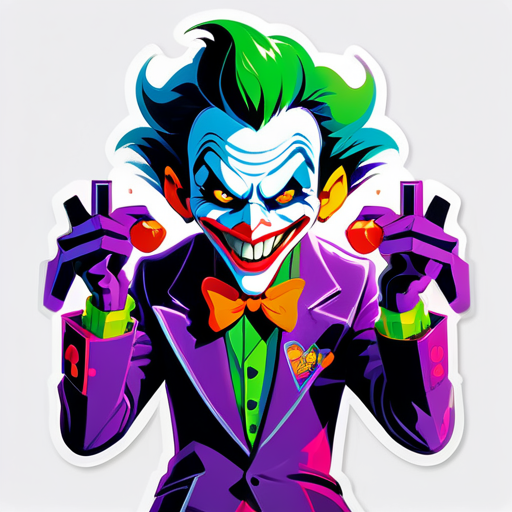 A mischievous joker character, holding gaming controller joysticks in each hand, exudes playful energy. Vibrant colors and dynamic lines capture the excitement of gaming, while the joker's presence adds whimsy and intrigue. This logo embodies the fusion of gaming with the charm of the joker archetype, inviting viewers into a world of fun and excitement sticker