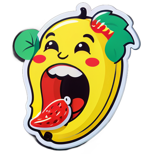 dibuja un plátano riendo al mismo tiempo que come una fresa, pon la fresa un poco dentro de la boca del plátano grande sticker