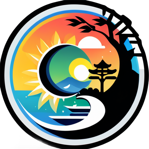 Créer une image de logo avec une composition de bagua yin et yang, comprenant les éléments suivants : soleil, lune, arbres, gratte-ciel, lac, dans un style très simple et clair. sticker