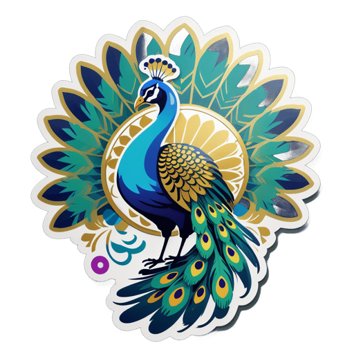 A peacock with a feather fan in its left hand and a mirror in its right hand sticker