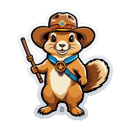 Un chien de prairie avec un chapeau de cow-boy dans sa main gauche et un lasso miniature dans sa main droite sticker