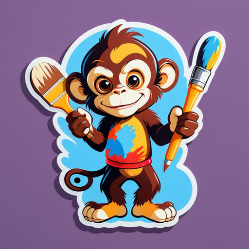 A monkey with a paintbrush in its left hand and a palette in its right hand sticker