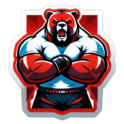 Create a logo featuring a muscular and robust bear with a fierce and intimidating expression. The bear should be standing with its arms crossed over its chest, wearing MMA gloves. The gloves must be red or black with white accents. The bear should have furrowed brows, piercing eyes, and slightly bared teeth, conveying a look of anger. The illustration style should be realistic cartoon, with strong sticker